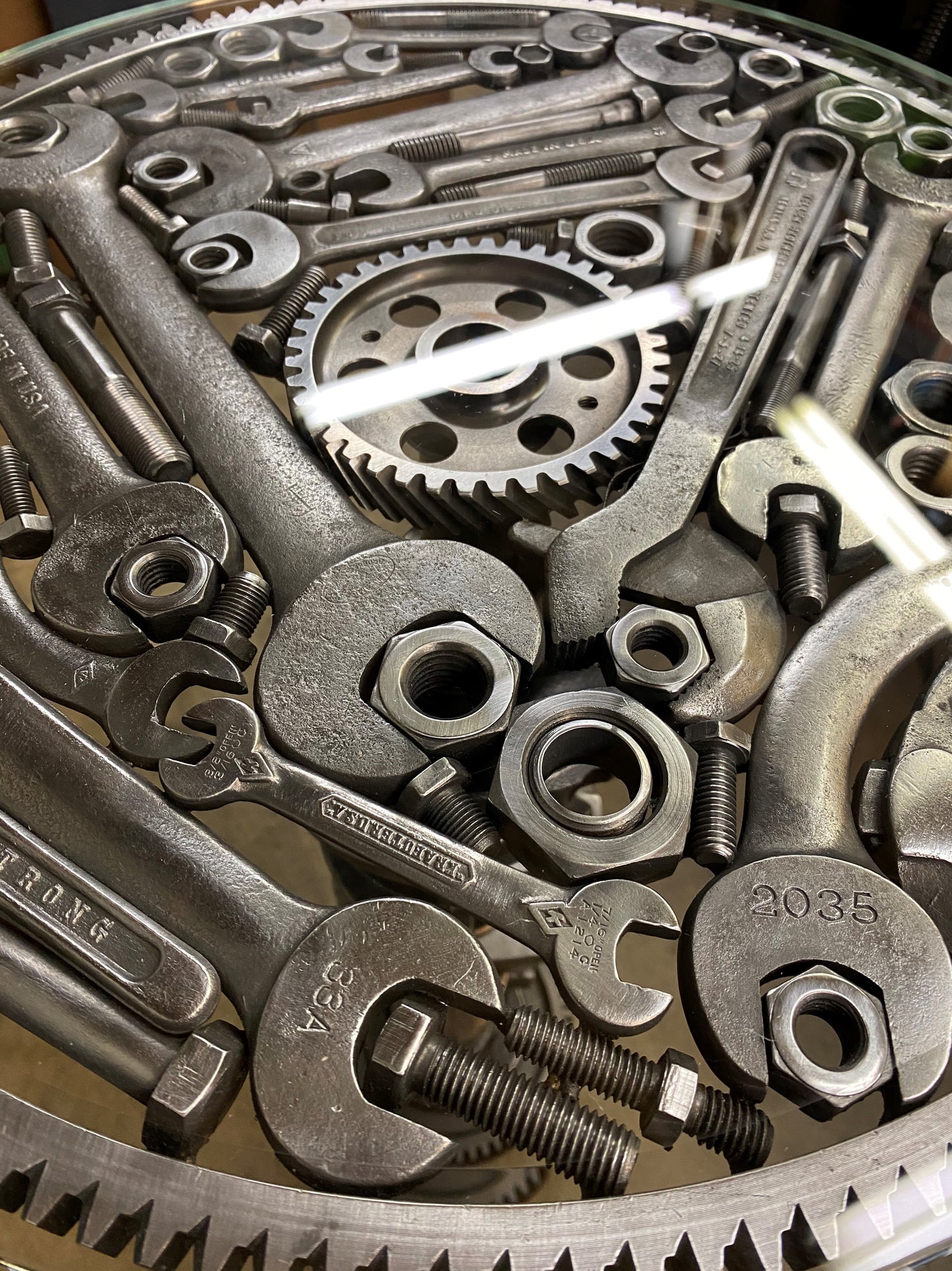 Vintage Tools Wrench Table Gears Crankshaft Mancave Décor End Table