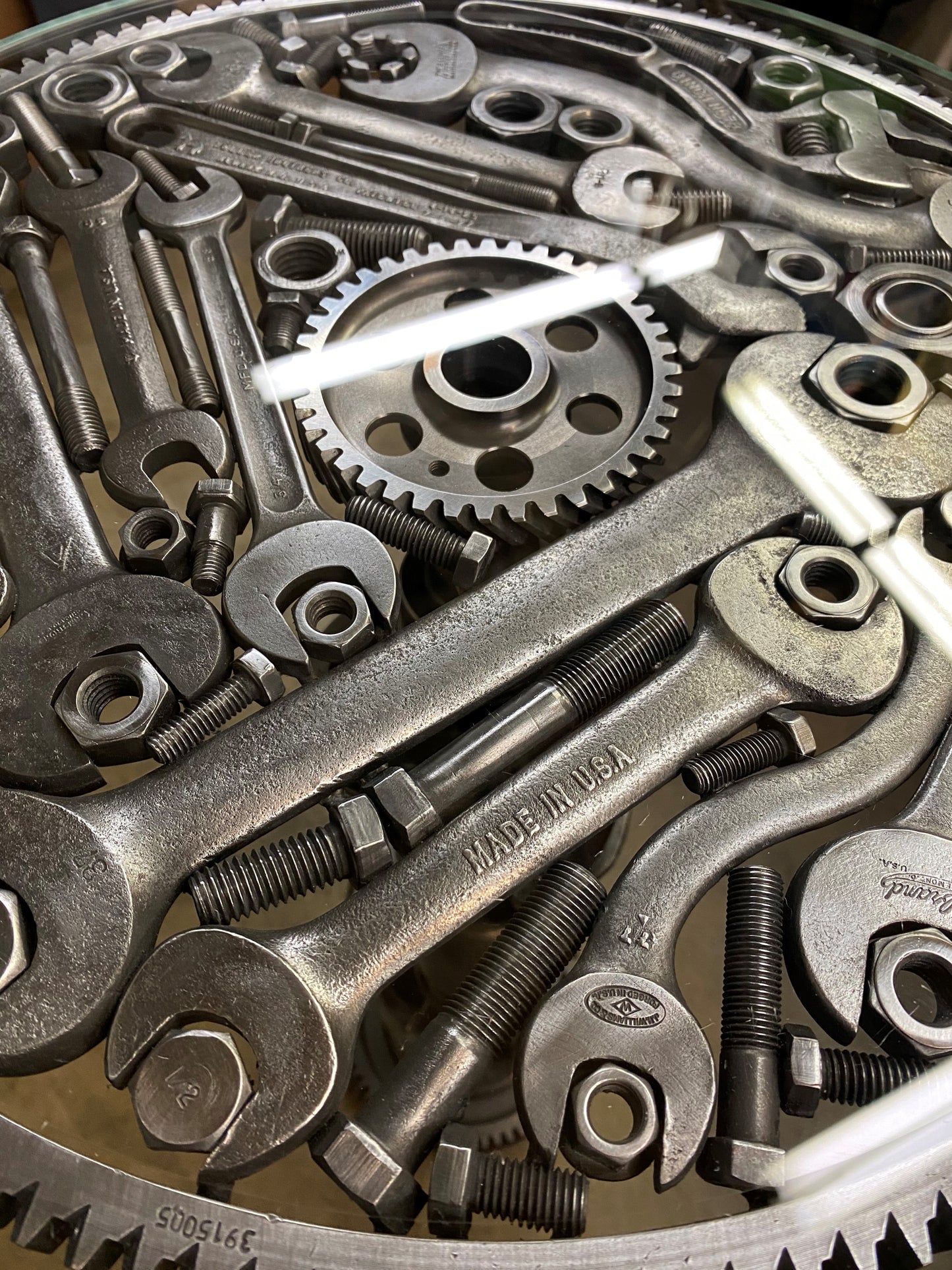 Vintage Tools Wrench Table Gears Crankshaft Mancave Décor End Table