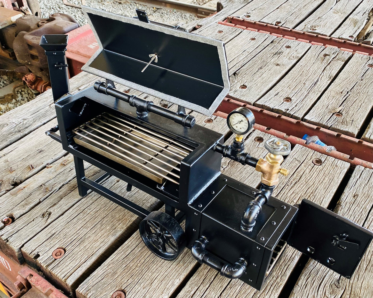 Steampunk locomotive mini smoker, offset smoker, grill, cooker